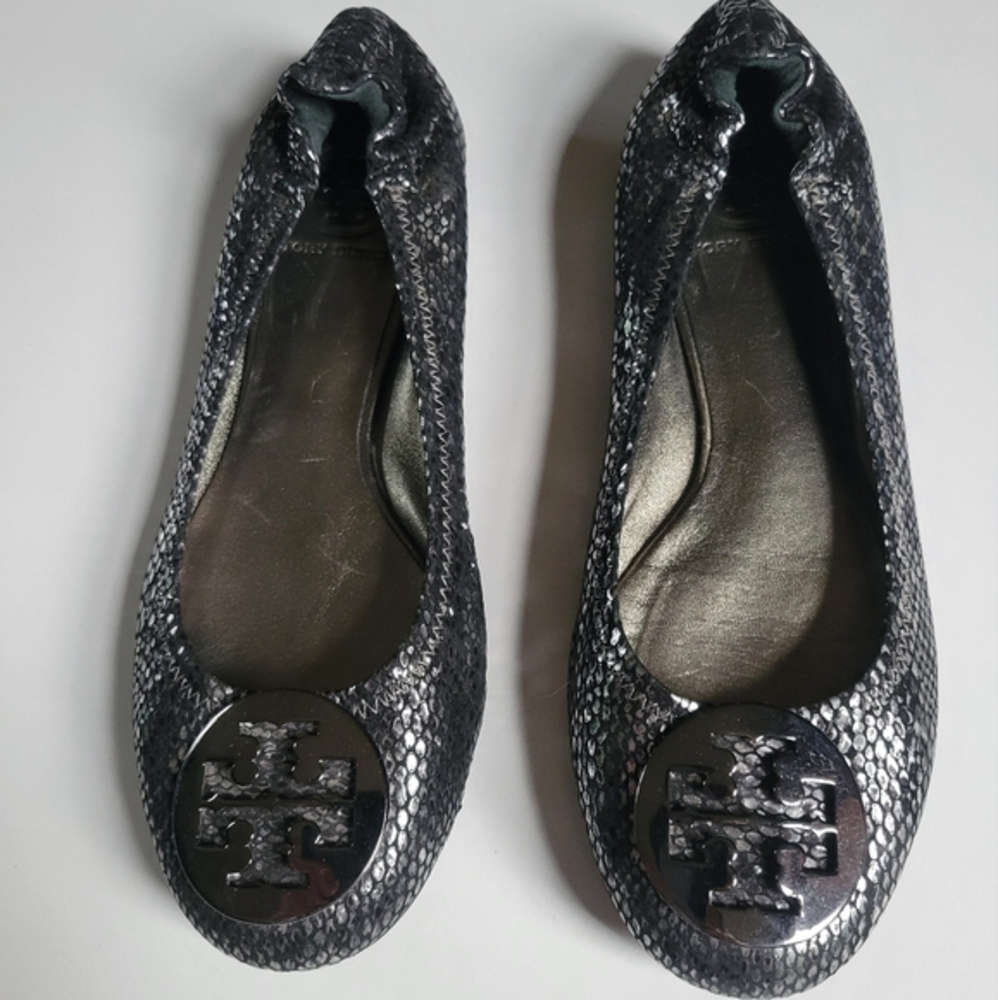 Tory Burch Black/Silver Python Print Reva Ballet … - image 1